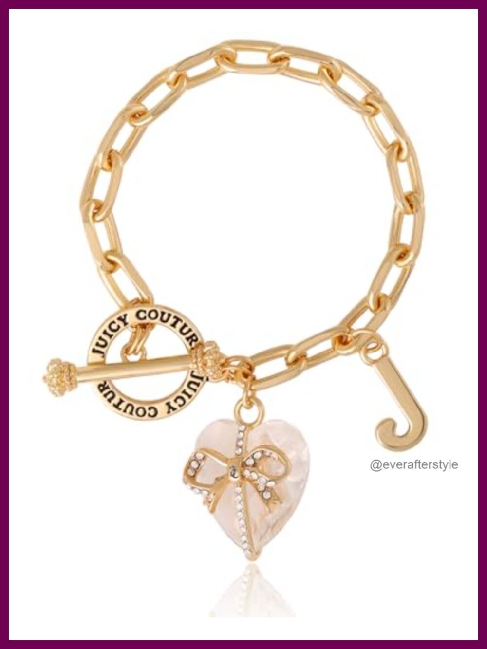 Gold-Tone Charm Bracelet 7.5" Toggle Heart Stone Rhinestone Bow